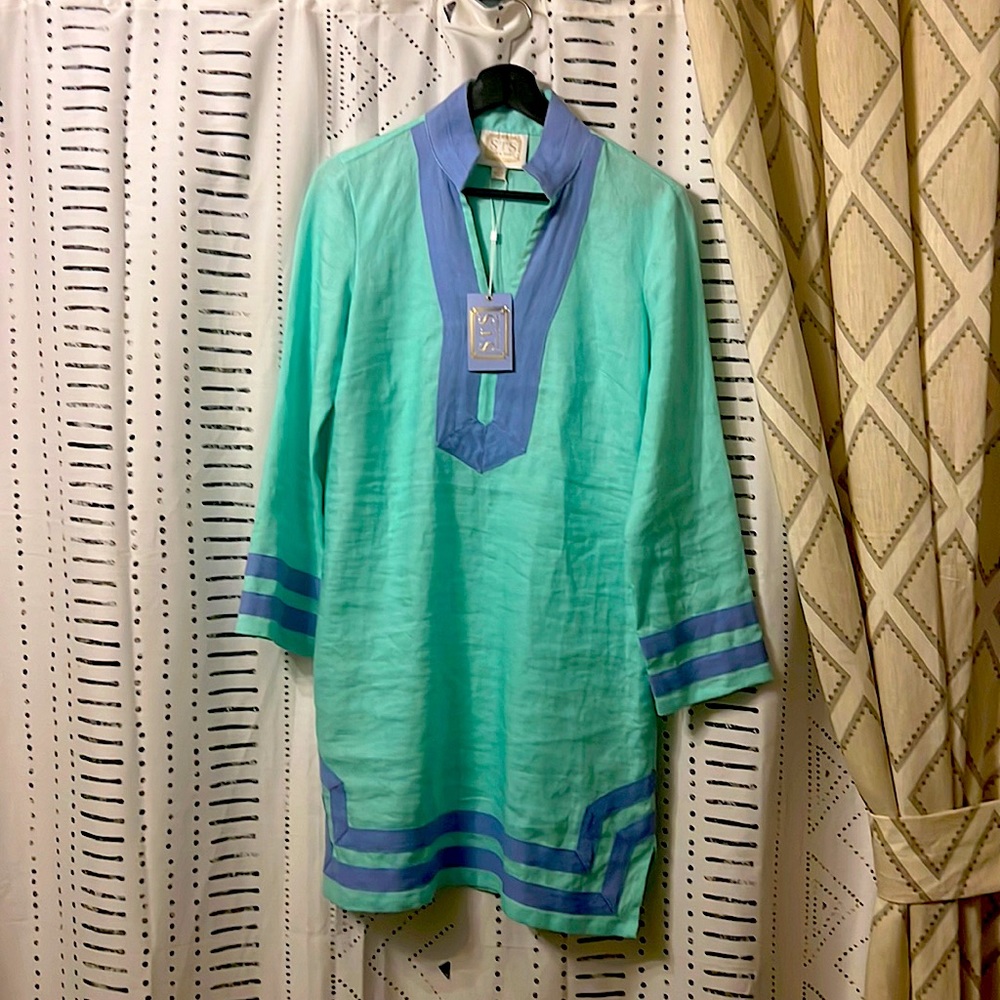 🏝️Classic & preppy Sail to Sable 100 % Linen Tunic Dress — Mint green& blue